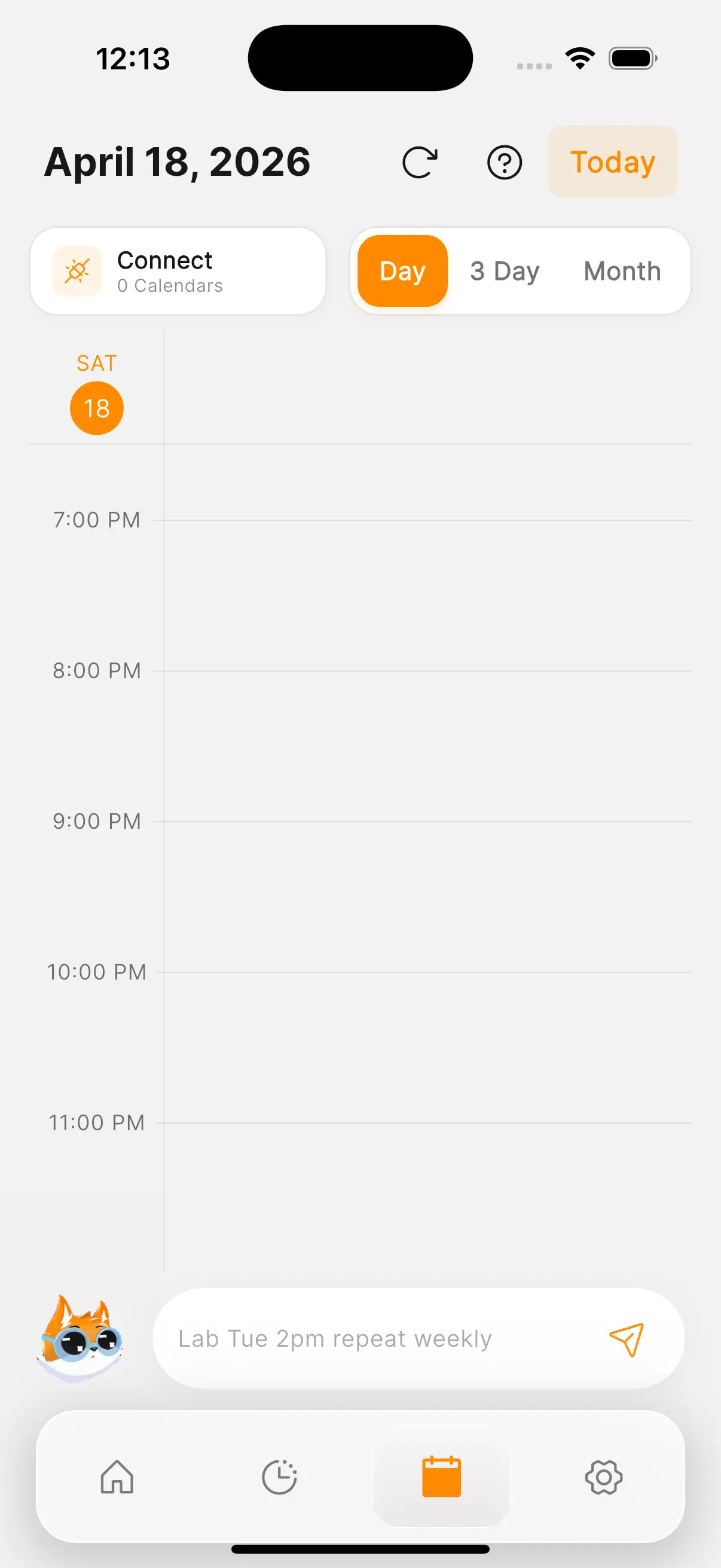Day view of the calendar with Connect prompt and natural-language input