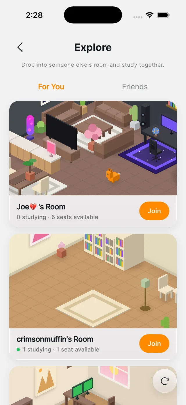 Browsing other students' study rooms in StudyDork
