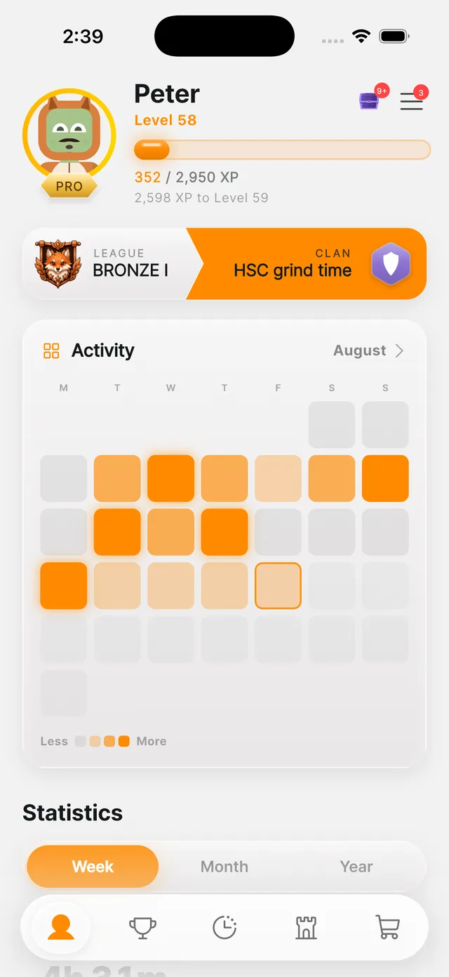 A StudyDork profile showing level, league, clan and study activity